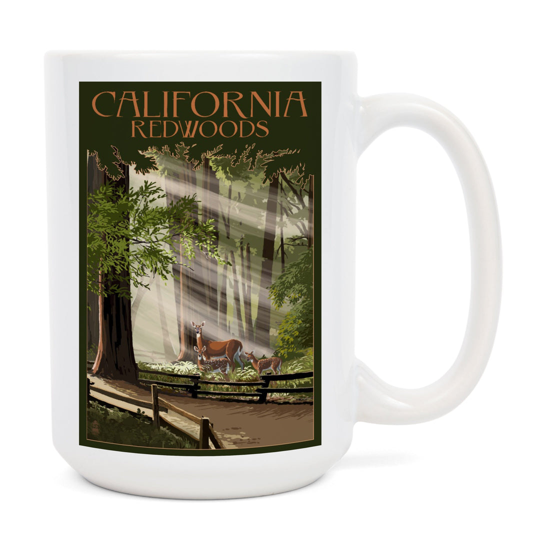California, Redwoods & Deer, Lantern Press Artwork, Ceramic Mug Mugs Lantern Press 