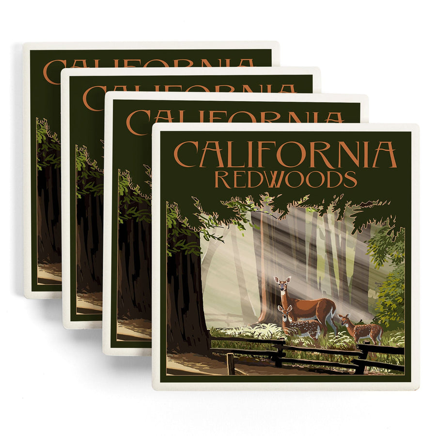 California, Redwoods & Deer, Lantern Press Artwork, Coaster Set - Lantern Press