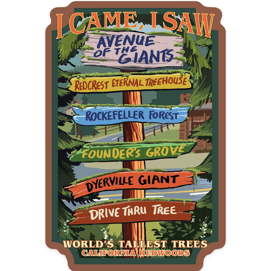 California Redwoods, Destination Signpost, I Came I Saw, Contour, Lantern Press Artwork, Vinyl Sticker - Lantern Press