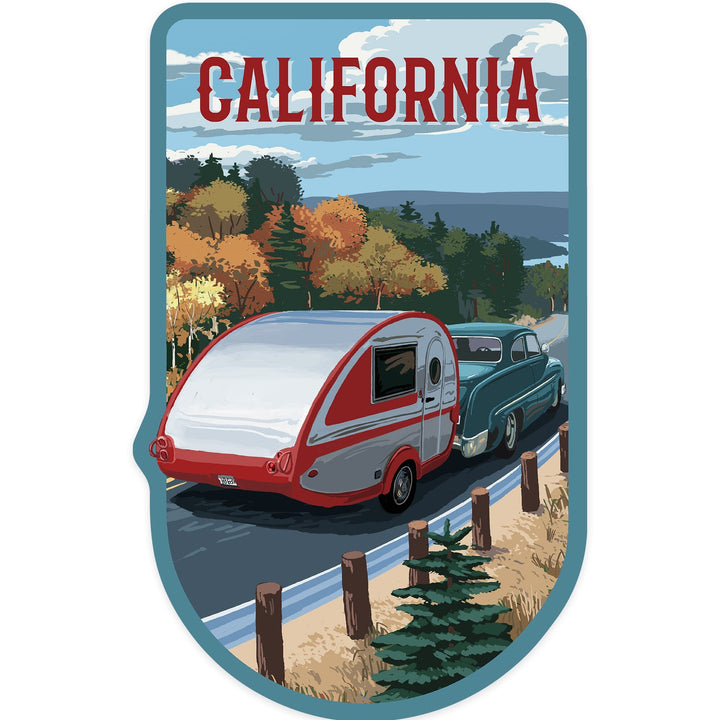 California, Retro Camper on Road, Contour, Vinyl Sticker Sticker Lantern Press 