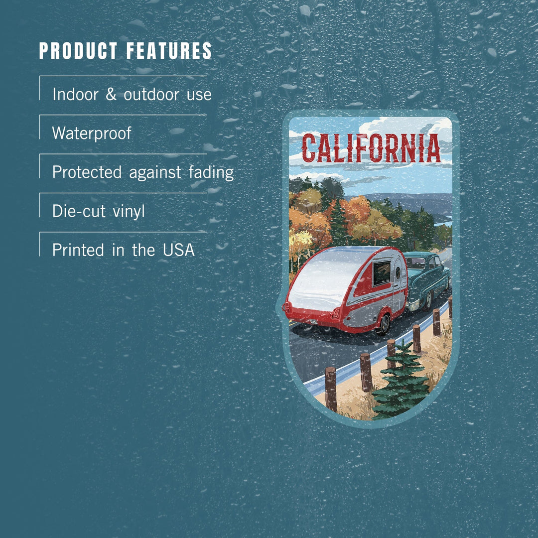 California, Retro Camper on Road, Contour, Vinyl Sticker Sticker Lantern Press 