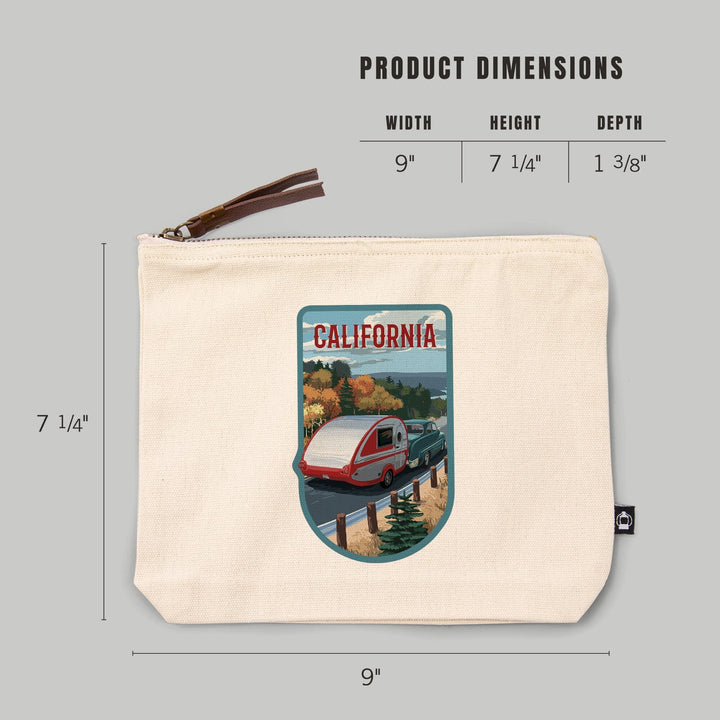 California, Retro Camper on Road,, Organic Cotton Zipper Pouch, Go Bag Totes Lantern Press 