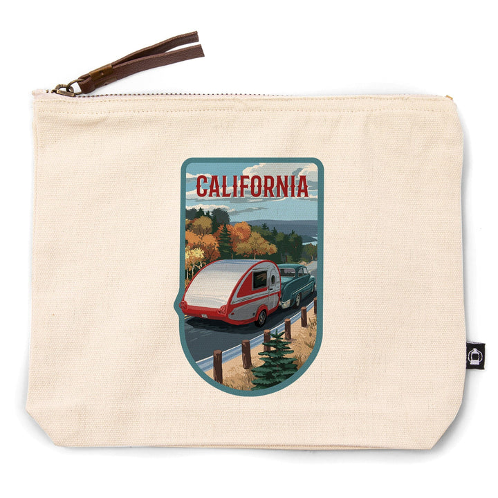 California, Retro Camper on Road,, Organic Cotton Zipper Pouch, Go Bag Totes Lantern Press 