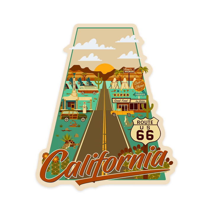 California, Route 66, Geometric, Contour, Vinyl Sticker Sticker Lantern Press 