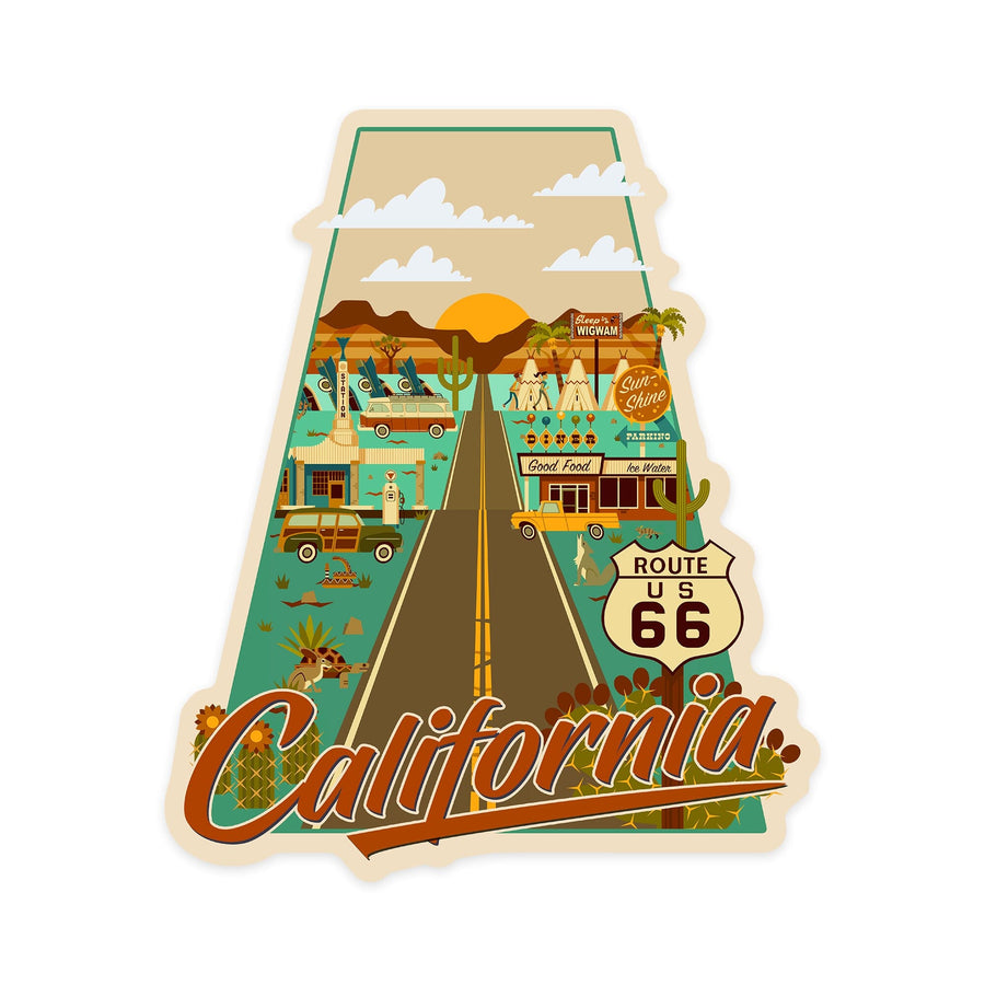 California, Route 66, Geometric, Contour, Vinyl Sticker Sticker Lantern Press 