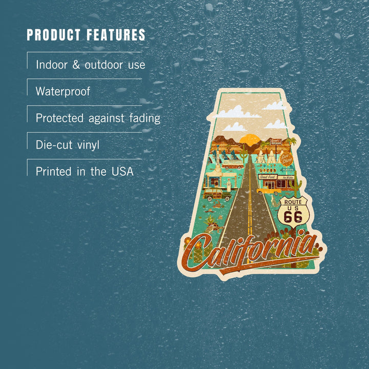 California, Route 66, Geometric, Contour, Vinyl Sticker Sticker Lantern Press 