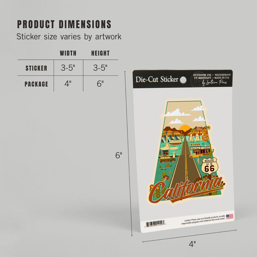 California, Route 66, Geometric, Contour, Vinyl Sticker Sticker Lantern Press 