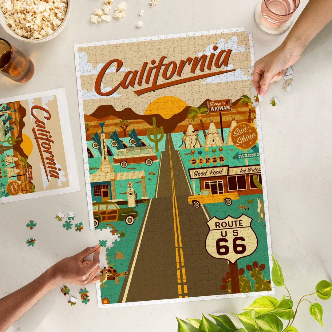 California, Route 66, Geometric, Jigsaw Puzzle Puzzle Lantern Press 