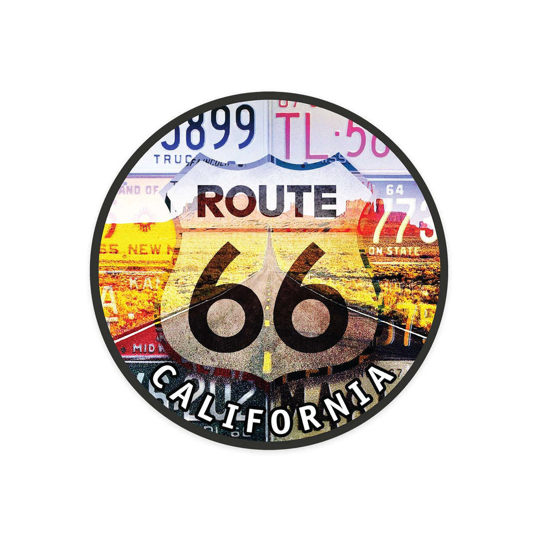 California, Route 66 License Plates, Highway Road, Contour, Vinyl Sticker - Lantern Press