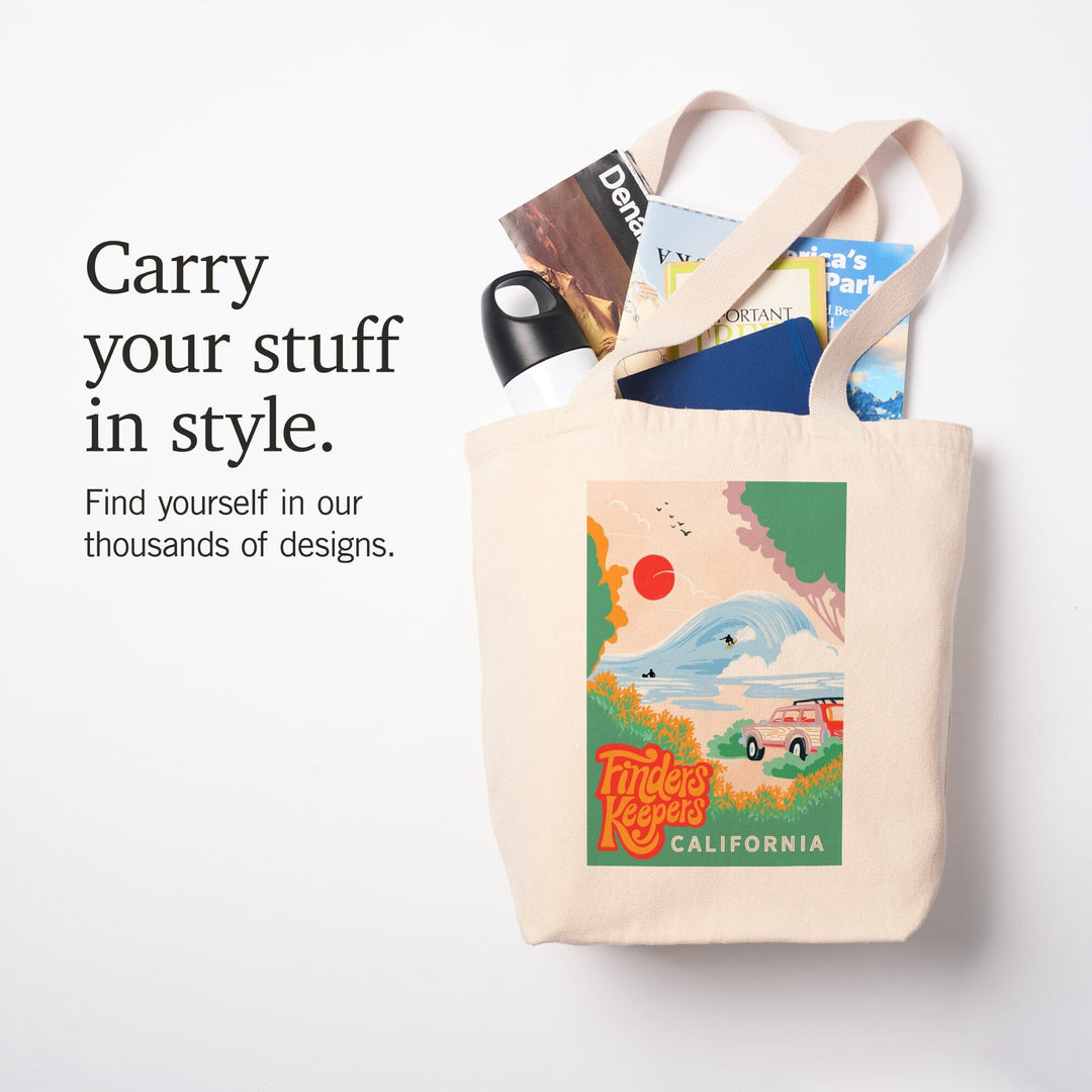 California, Secret Surf Spot Collection, Surf Scene at the Beach, Finders Keepers, Tote Bag - Lantern Press