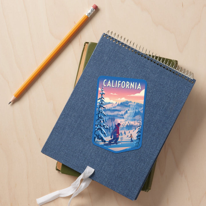 California, Shred the Gnar, Snowboarding, Contour, Vinyl Sticker Sticker Lantern Press 