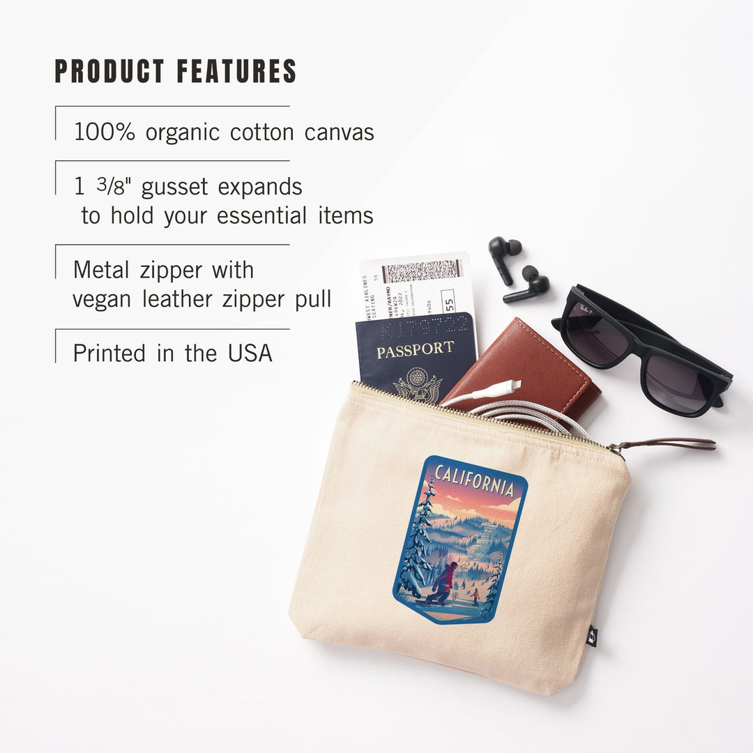 California, Shred the Gnar, Snowboarding,, Organic Cotton Zipper Pouch, Go Bag Totes Lantern Press 