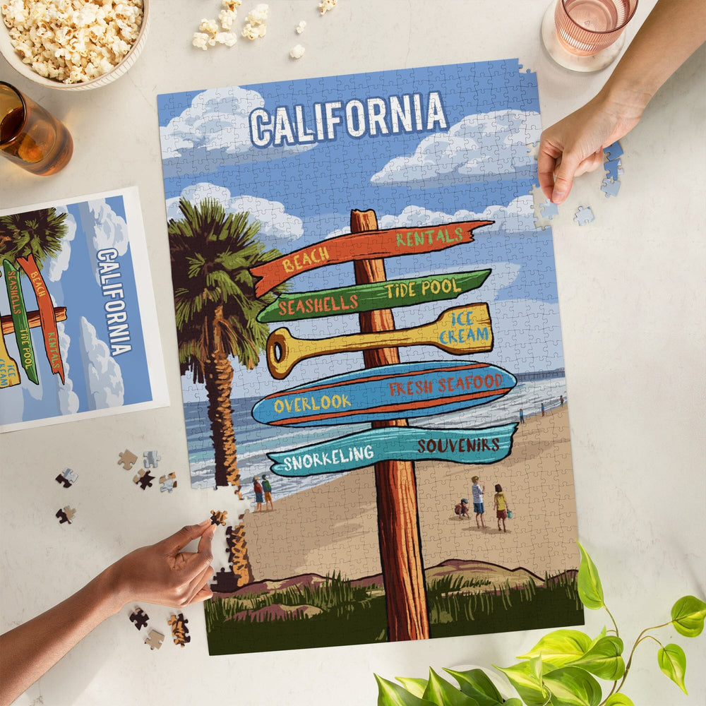 California, Signpost, Coast Beach with Palms, Jigsaw Puzzle Puzzle Lantern Press 