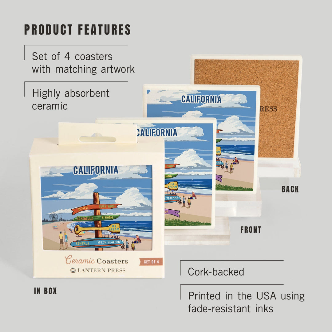 California, Signpost, Coast Beach with Pier, Coasters Coasters Lantern Press 