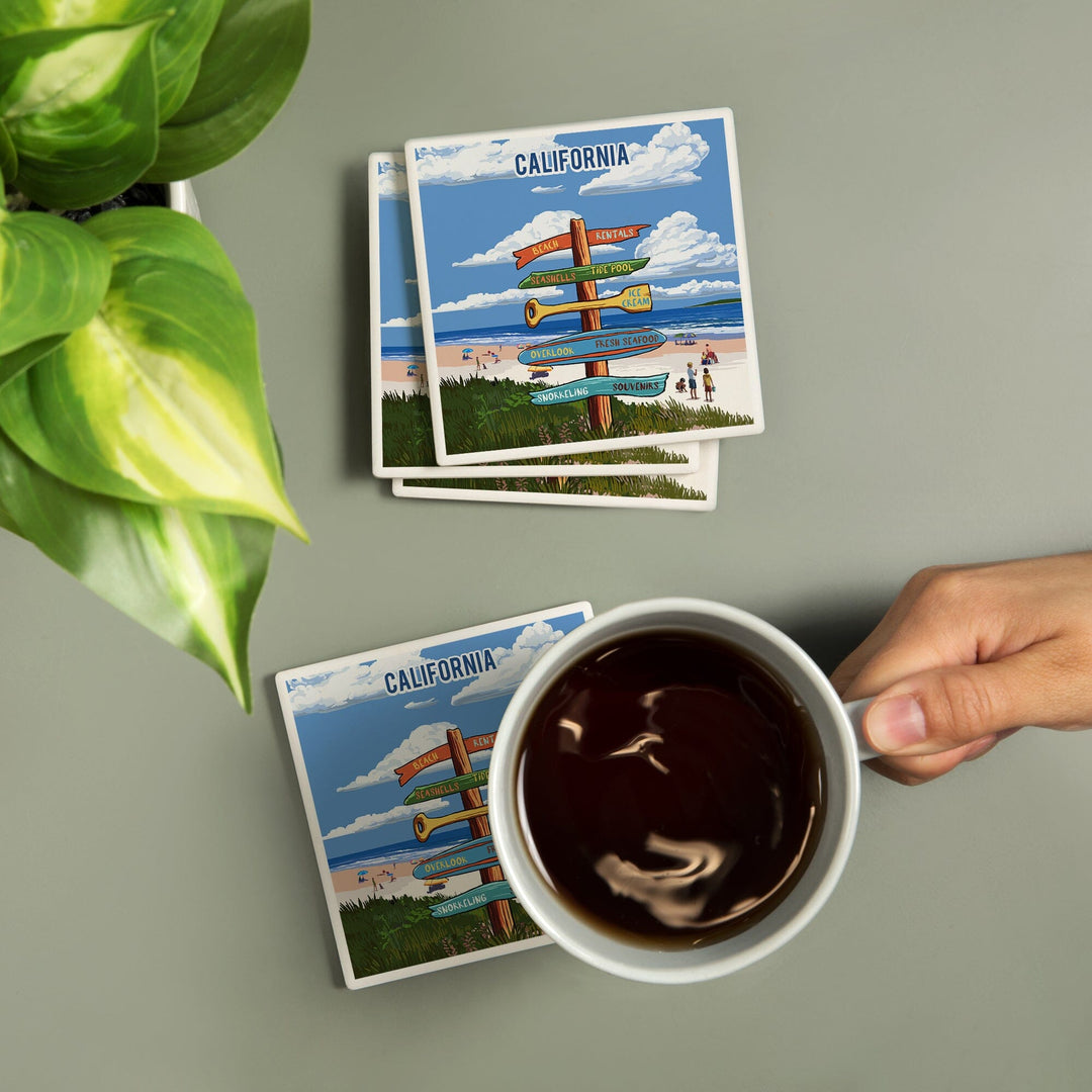 California, Signpost, Coast Beach with Umbrellas, Coasters Coasters Lantern Press 