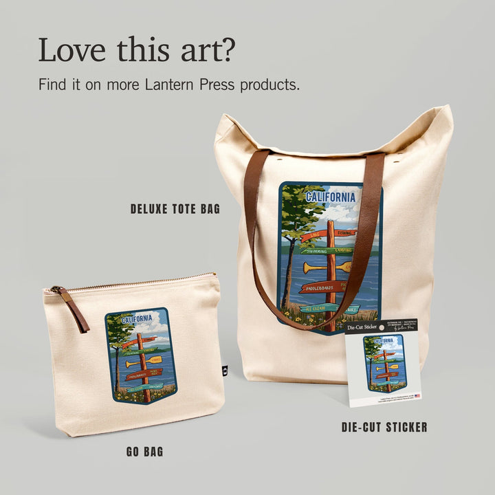 California, Signpost, Lake and Flowers, Organic Cotton Zipper Pouch, Go Bag Totes Lantern Press 