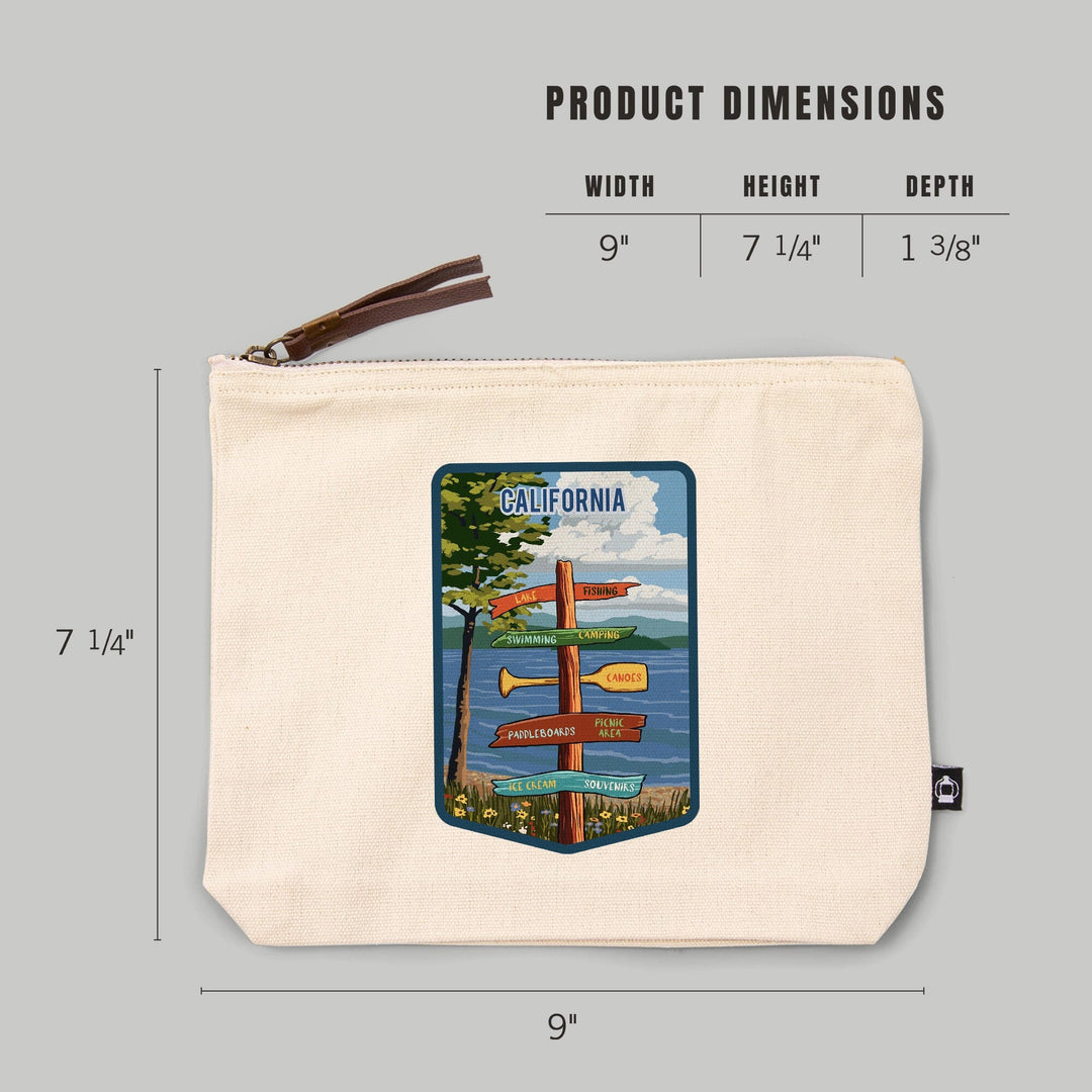 California, Signpost, Lake and Flowers, Organic Cotton Zipper Pouch, Go Bag Totes Lantern Press 
