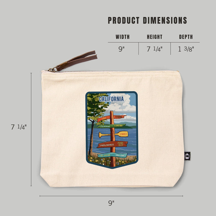 California, Signpost, Lake and Flowers, Organic Cotton Zipper Pouch, Go Bag Totes Lantern Press 