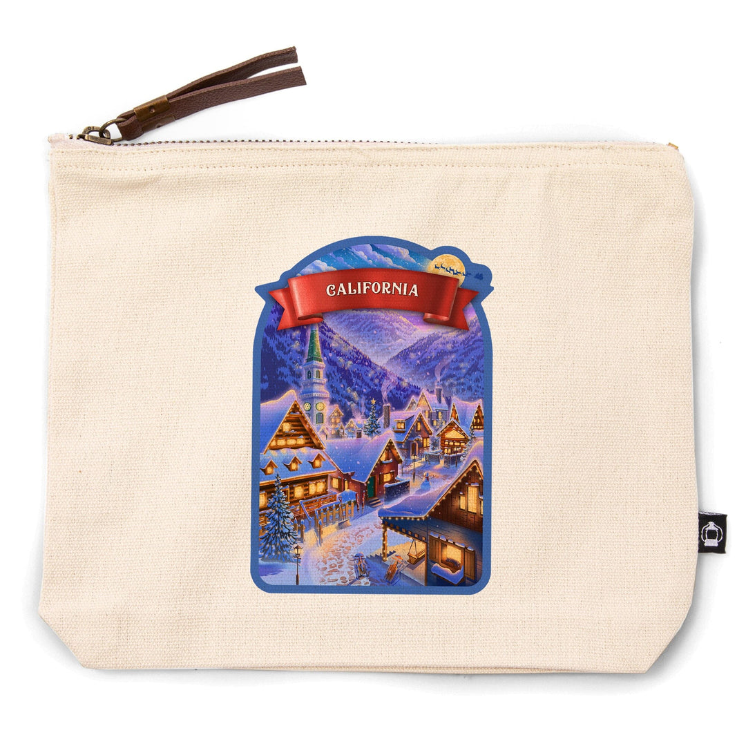 California, Sleepy Winter Village,, Organic Cotton Zipper Pouch, Go Bag Totes Lantern Press 