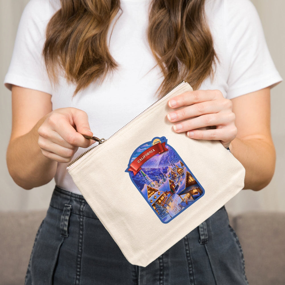 California, Sleepy Winter Village,, Organic Cotton Zipper Pouch, Go Bag Totes Lantern Press 