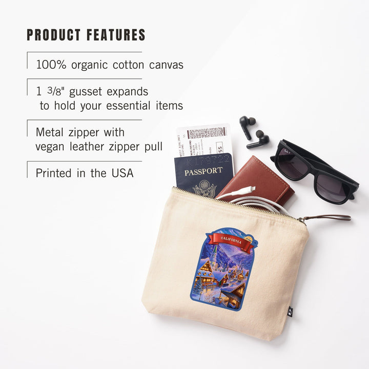 California, Sleepy Winter Village,, Organic Cotton Zipper Pouch, Go Bag Totes Lantern Press 