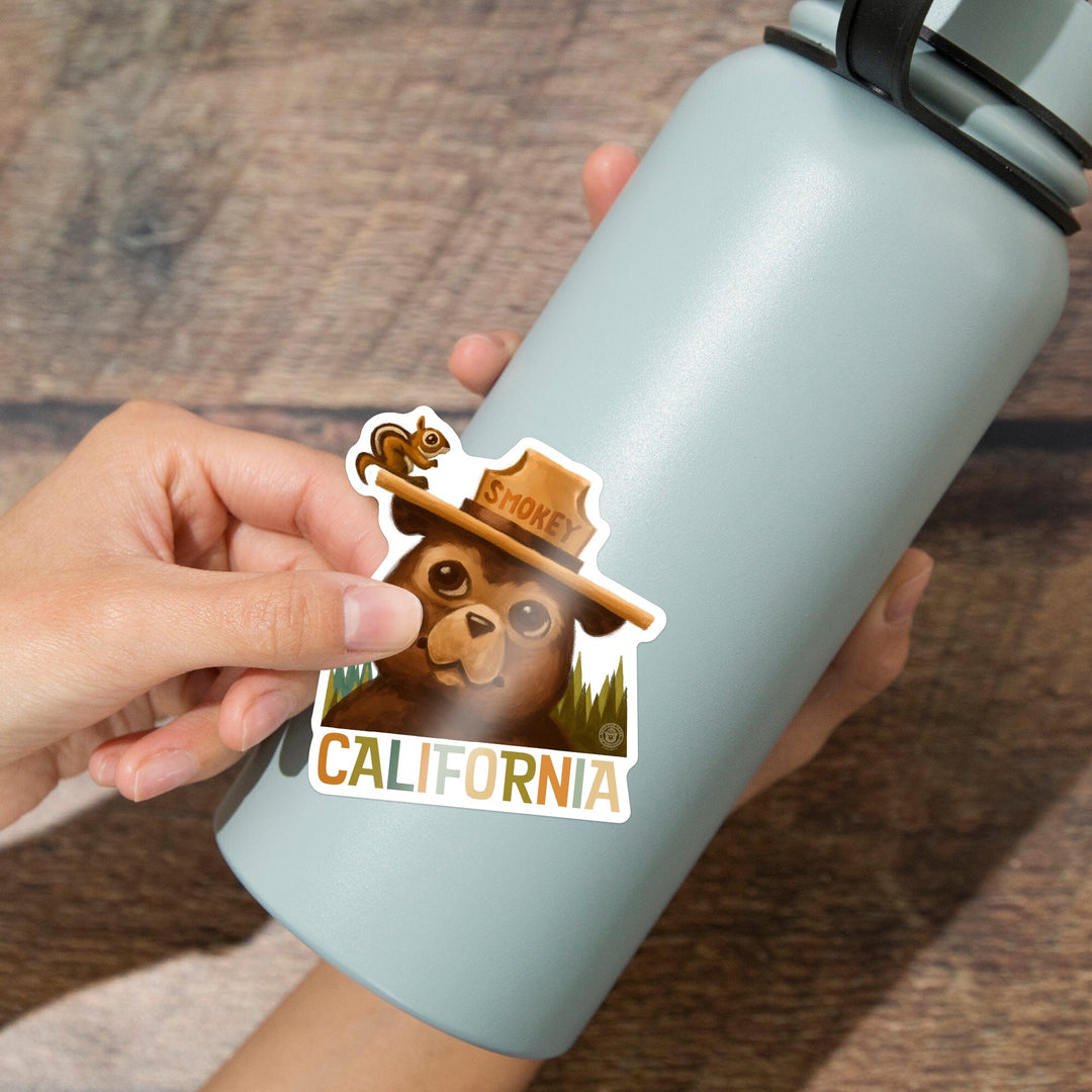 California, Smokey Bear & Squirrel, Contour, Lantern Press Artwork, Vinyl Sticker - Lantern Press