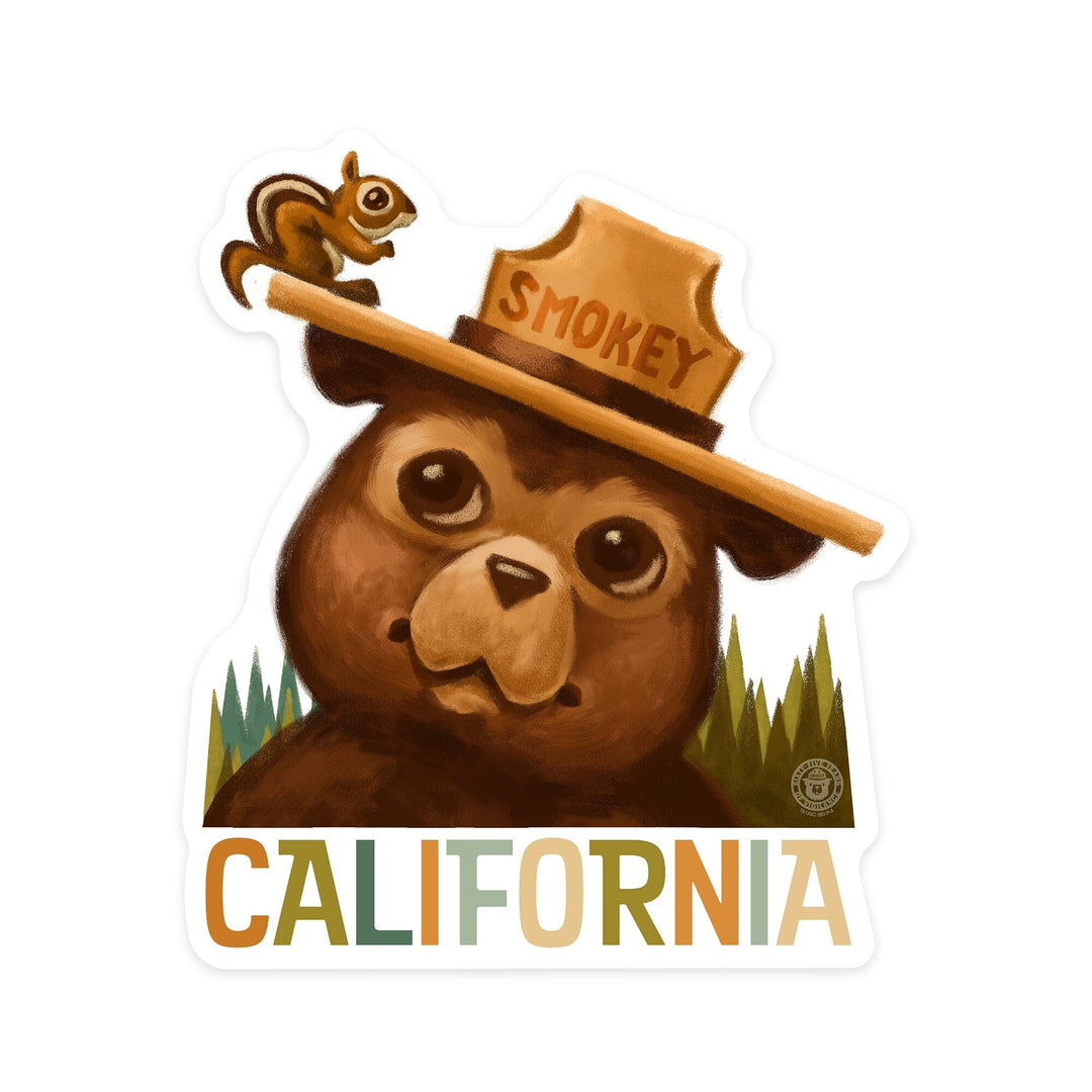 California, Smokey Bear & Squirrel, Contour, Lantern Press Artwork, Vinyl Sticker - Lantern Press