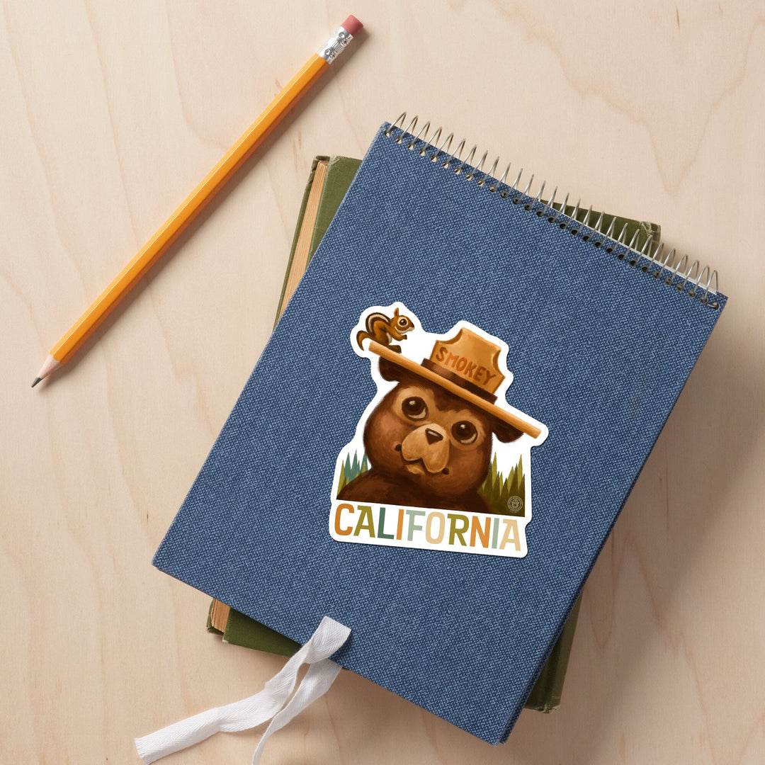 California, Smokey Bear & Squirrel, Contour, Lantern Press Artwork, Vinyl Sticker - Lantern Press