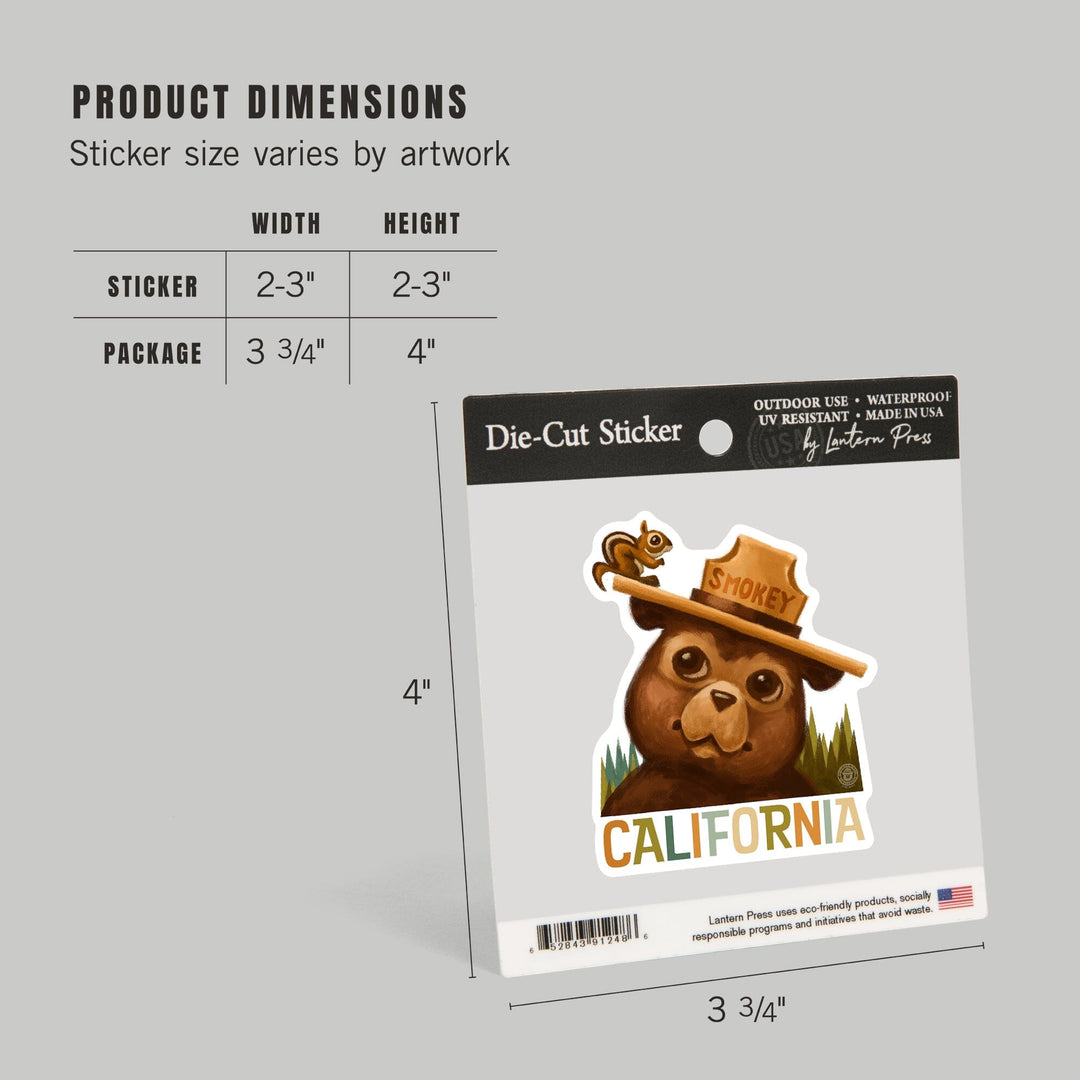 California, Smokey Bear & Squirrel, Contour, Lantern Press Artwork, Vinyl Sticker - Lantern Press