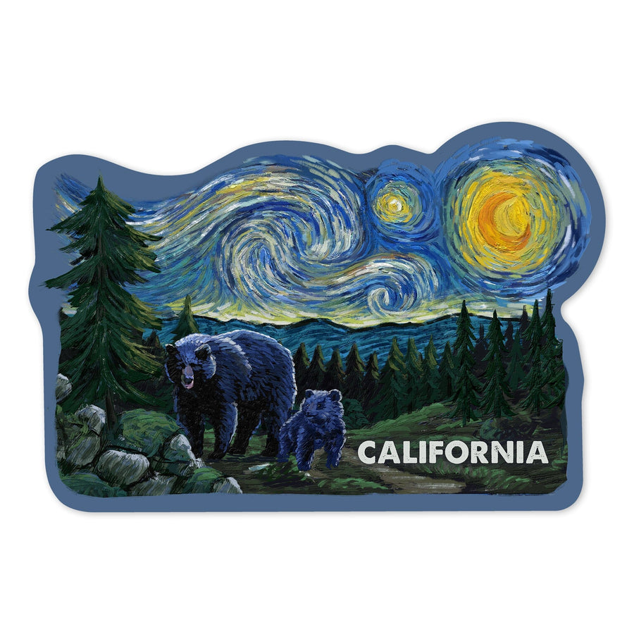 California, Starry Night, Bear and Cub, Contour, Vinyl Sticker Sticker Lantern Press 