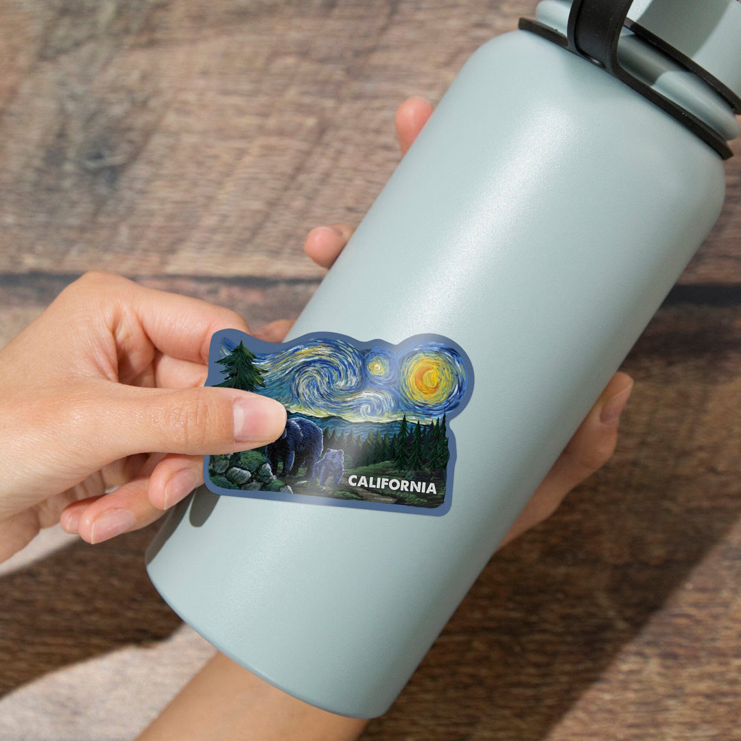 California, Starry Night, Bear and Cub, Contour, Vinyl Sticker Sticker Lantern Press 