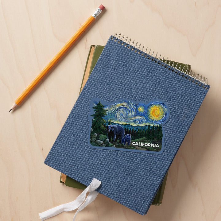 California, Starry Night, Bear and Cub, Contour, Vinyl Sticker Sticker Lantern Press 