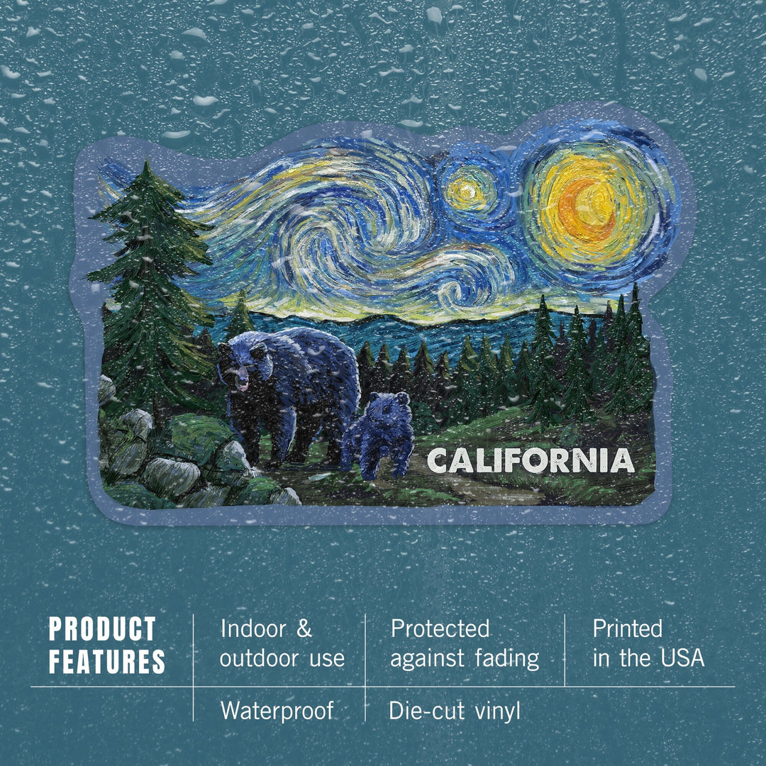 California, Starry Night, Bear and Cub, Contour, Vinyl Sticker Sticker Lantern Press 
