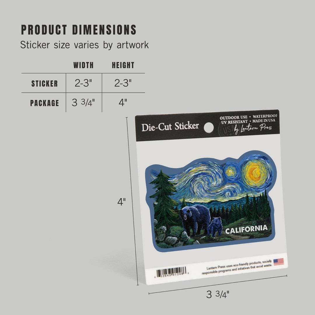 California, Starry Night, Bear and Cub, Contour, Vinyl Sticker Sticker Lantern Press 