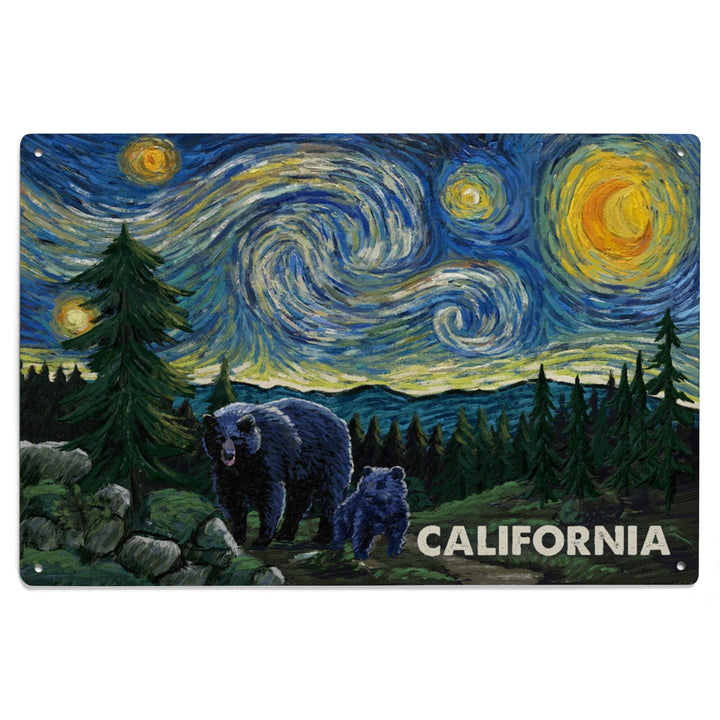 California, Starry Night, Bear and Cub, Wood Signs and Postcards Wood Lantern Press 