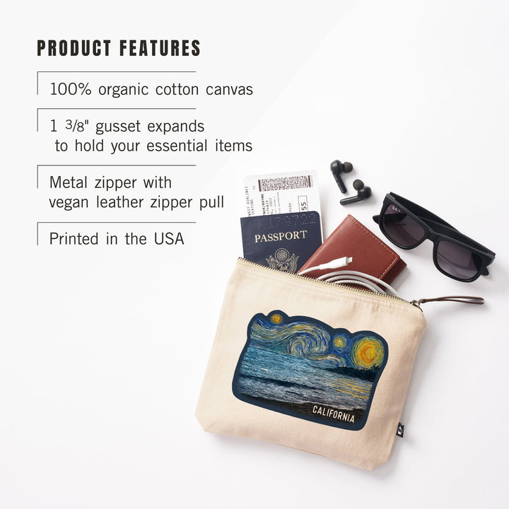 California, Starry Night, Ocean,, Organic Cotton Zipper Pouch, Go Bag Totes Lantern Press 