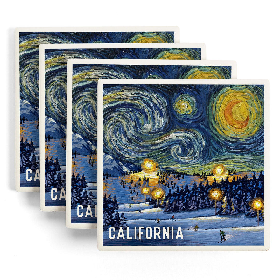 California, Starry Night, Ski Resort, Coaster Set Coasters Lantern Press 