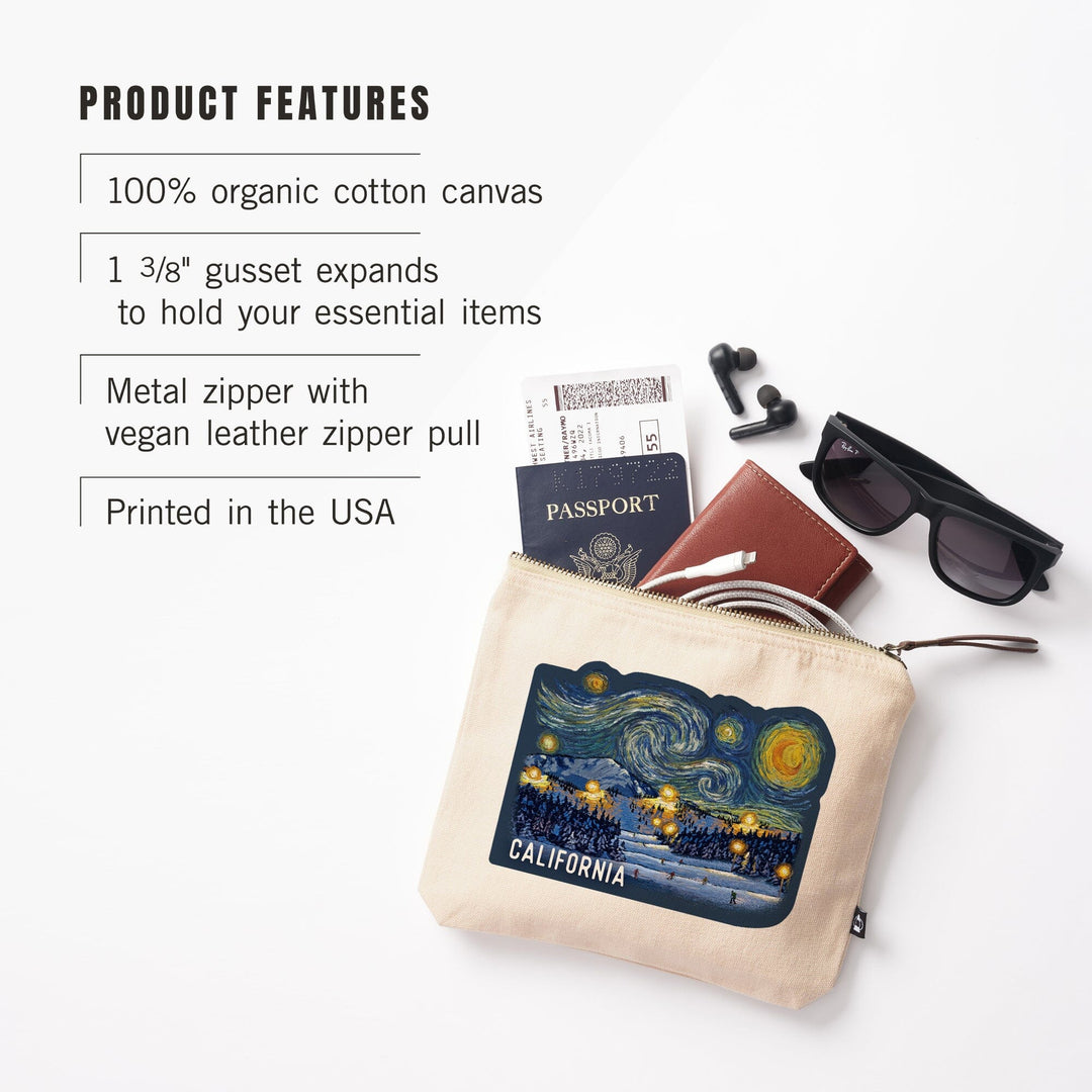 California, Starry Night, Ski Resort,, Organic Cotton Zipper Pouch, Go Bag Totes Lantern Press 