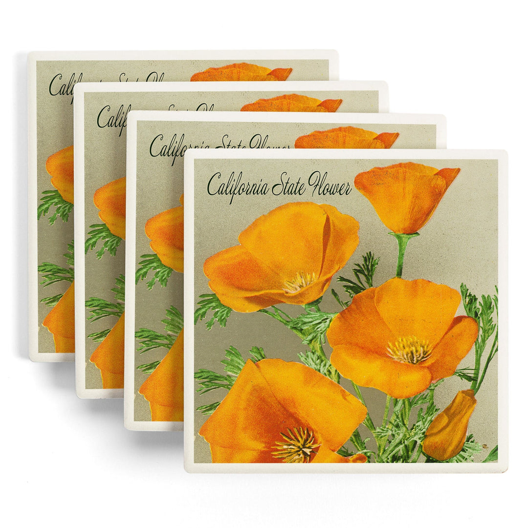 California State Flower, The Californian, Poppy Flowers, Lantern Press Artwork, Coaster Set - Lantern Press