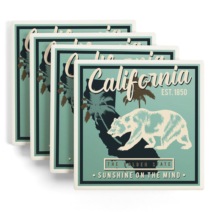 California, State Outline & Bear, Sunshine on Mind, Urban Traveler, Blue, Lantern Press Artwork, Coaster Set - Lantern Press