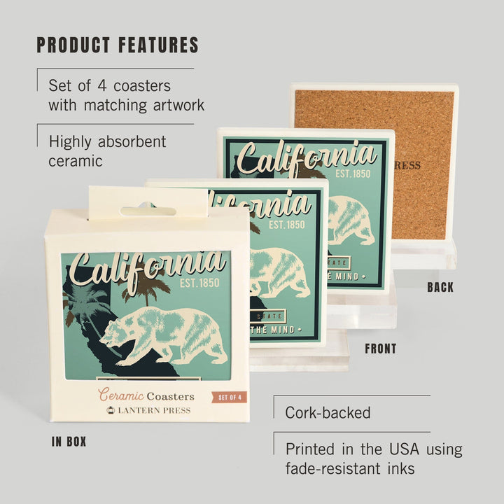 California, State Outline & Bear, Sunshine on Mind, Urban Traveler, Blue, Lantern Press Artwork, Coaster Set - Lantern Press