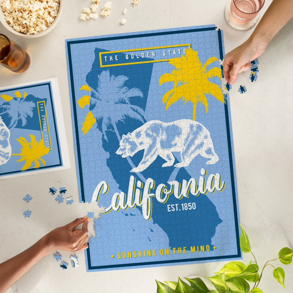 California, State Outline, Urban Traveler, Blue and Yellow, Jigsaw Puzzle Puzzle Lantern Press 