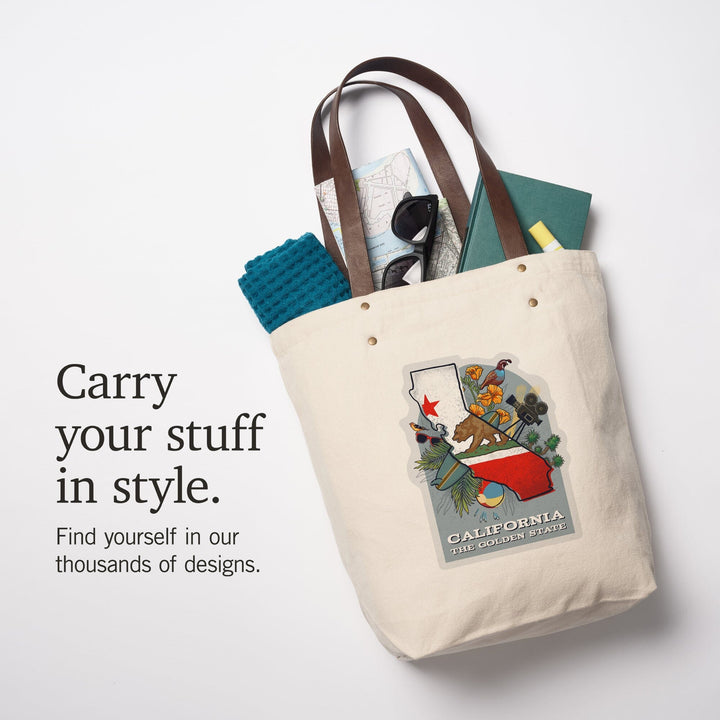 California, State Treasure Trove, State Series, Contour, Deluxe Tote Totes Lantern Press 