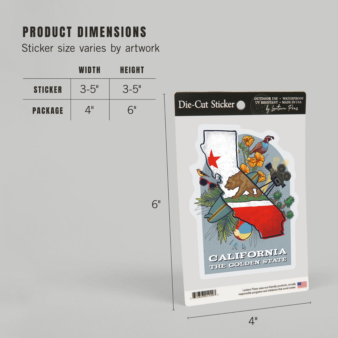California, State Treasure Trove, State Series, Contour, Vinyl Sticker Sticker Lantern Press 