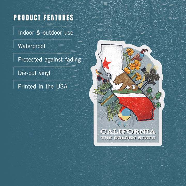 California, State Treasure Trove, State Series, Contour, Vinyl Sticker Sticker Lantern Press 