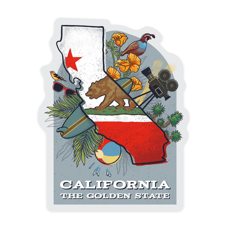 California, State Treasure Trove, State Series, Contour, Vinyl Sticker Sticker Lantern Press 