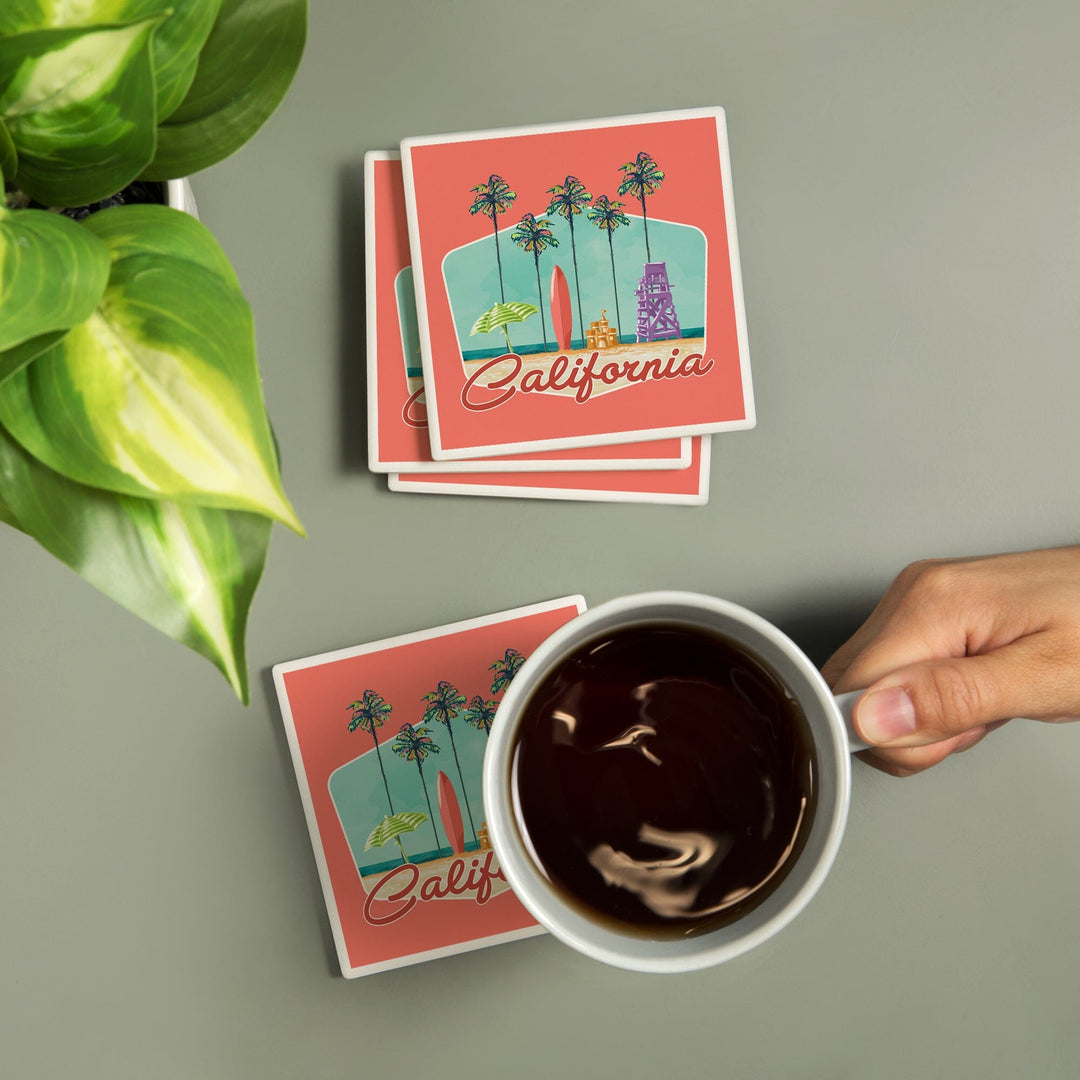 California, Tall Palms Beach Scene, Contour, Lantern Press Artwork, Coaster Set - Lantern Press