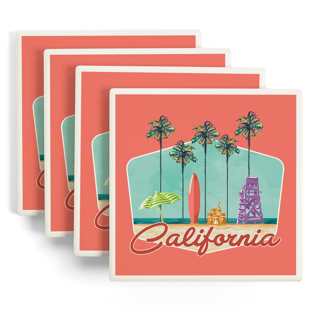 California, Tall Palms Beach Scene, Contour, Lantern Press Artwork, Coaster Set - Lantern Press