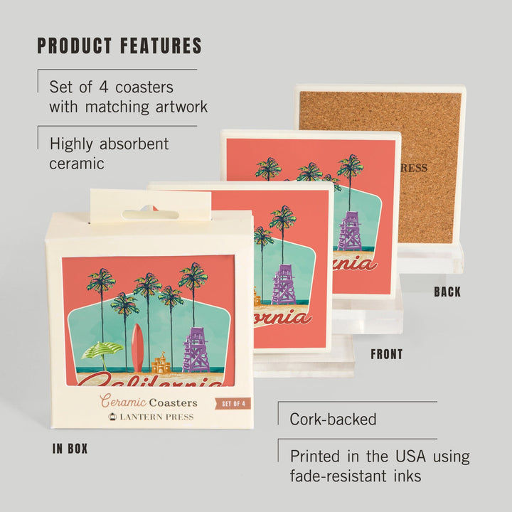 California, Tall Palms Beach Scene, Contour, Lantern Press Artwork, Coaster Set - Lantern Press