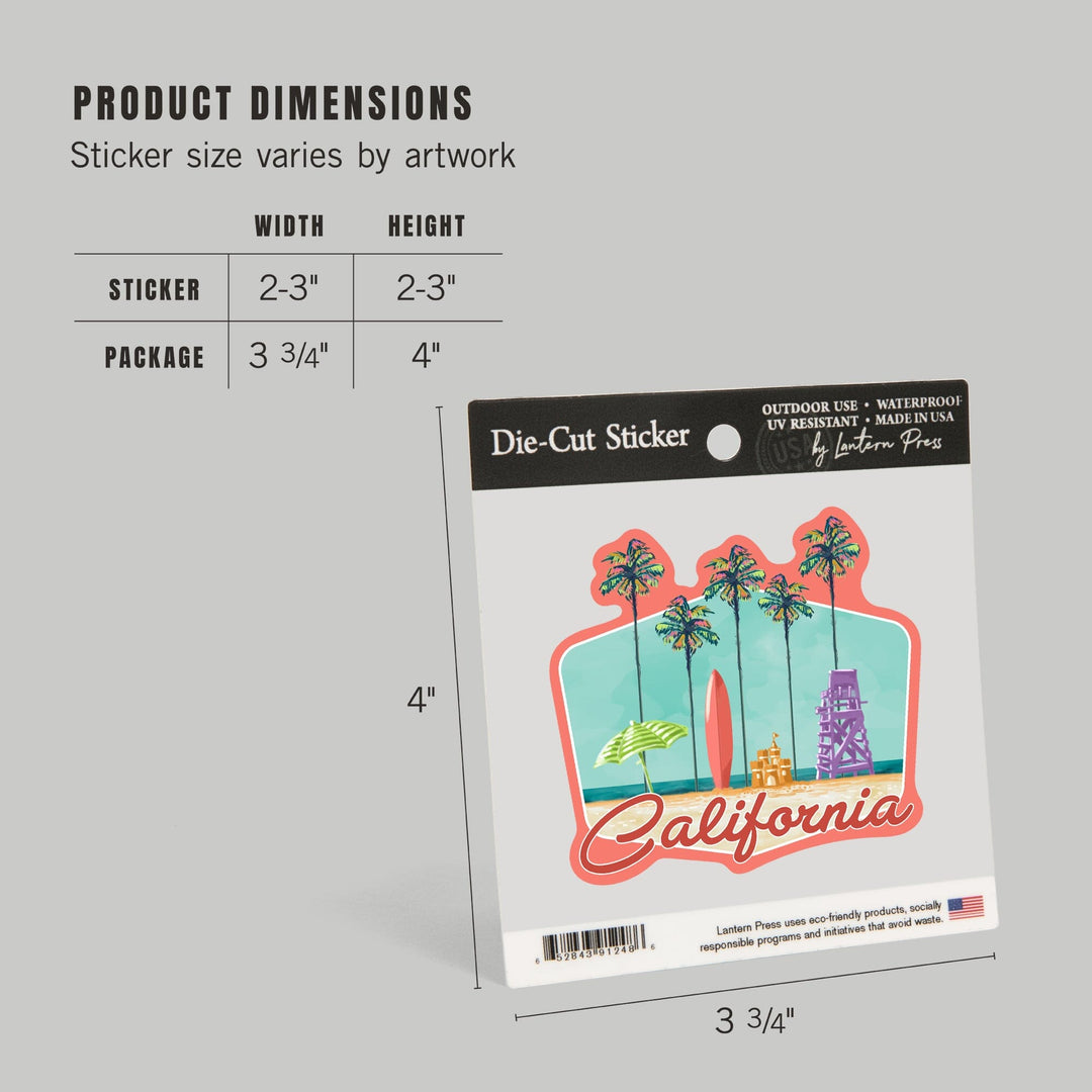 California, Tall Palms Beach Scene, Contour, Lantern Press Artwork, Vinyl Sticker Sticker Lantern Press 
